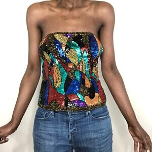 VINTAGE | OLEG CASSINI Black Tie Silk Multicolor Beaded Sequin Bustier Corset
